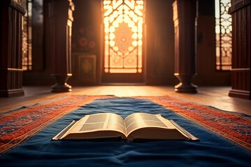 open religious book in the mosque at dawn, ramadan background - obrazy, fototapety, plakaty
