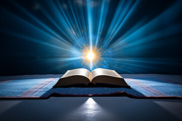 The open religious book as a symbol of enlightenment and enlightenment - obrazy, fototapety, plakaty