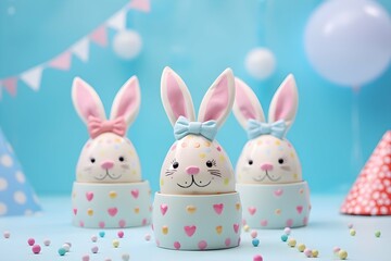 Easter bunny and eggs on pastel background. Happy holidays. Creative concept. 