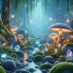 Fototapeta na wymiar Magical forest. Magical glowing mashroom forest, fantasy landscape. 