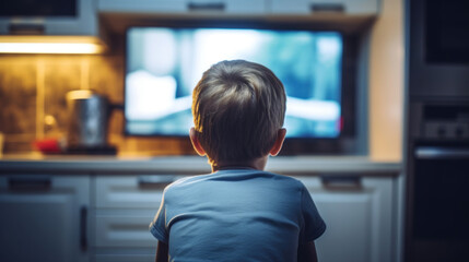 Rear view of a small boy engrossed in watching a television screen in a domestic setting.