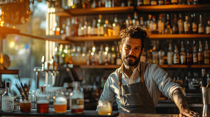 A skilled mixologist, natural sunlight pouring in, dressed in a trendy bartender outfit - obrazy, fototapety, plakaty