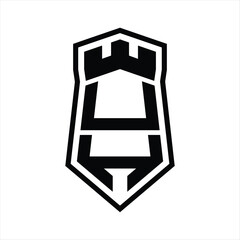 UH Letter Logo monogram hexagon shield shape up and down with crown castle isolated style design