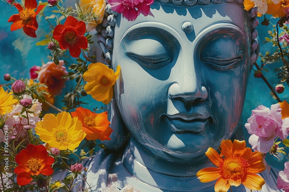Poster A close up view of a statue surrounded by vibrant flowers. Perfect for adding a touch of elegance and nature to any design or project