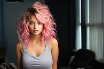 Fototapeta na wymiar Portrait of stylish, fashionable Caucasian girl wearing t-shirt and carelessly styled hair in pink color.