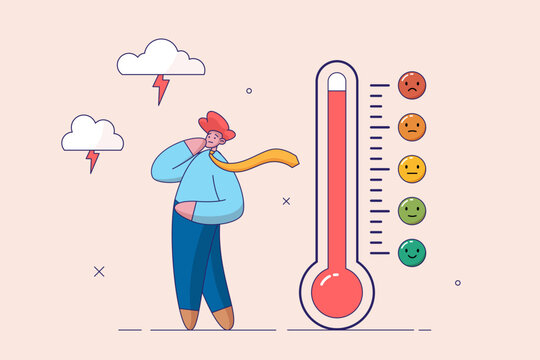 Concept of emotional overload, stress level, burnout, increased productivity, tiring, boring, positive, frustration employee in job. Man near thermometer emotional scale difference icon. Flat vector.