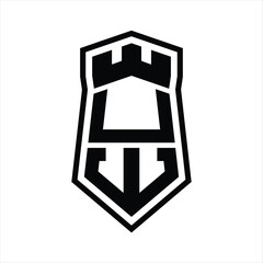 UW Letter Logo monogram hexagon shield shape up and down with crown castle isolated style design