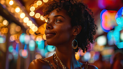 African American Woman at a Las Vegas Casino, Enjoying the Vibrant Atmosphere and Experiencing the Thrill of the Moment with Happiness