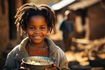 The problem of poverty and inequality. Happy african kid eating some sorghum porridge in village outdoor