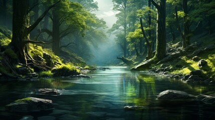 Obraz premium Serene wilderness: stunning river and lush forest landscape, nature's beauty in full bloom