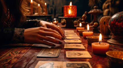 Hands, candles and tarot cards on the table