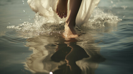 Woman's feet walking on water