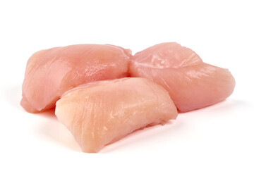 Fresh chicken fillet cubes, isolated on white background