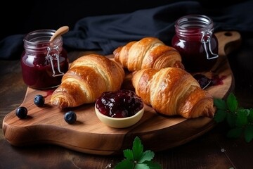 Freshly baked croissants with jam, perfect for a delightful breakfast. Generative AI