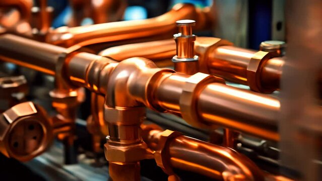 Copper Pipeline Installation in a Heating System, Professional Plumbing Service in a Boiler Room 3d animation