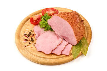 Traditionally smoked pork meat with slices, close-up, isolated on white background. Meatworks boiled ham