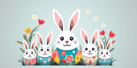 Easter rabbits with egg and flowers. Whimsical Easter Bunnies Frolicking Among Blooms