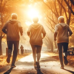 group of elderly people running in the park