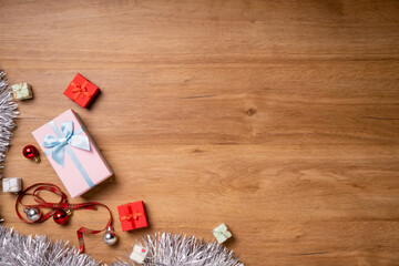 Beautiful New Year and Christmas gift boxes and decorations. The concept of the celebration party of winter holidays. Flat lay, top view, copy space.
