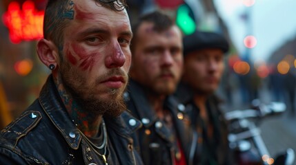 Obraz premium Portrait of a young man with tattoos and a leather jacket, standing out against the background of two fellow bikers. concept: for articles about subcultures, freedom of expression and motorcycle clubs