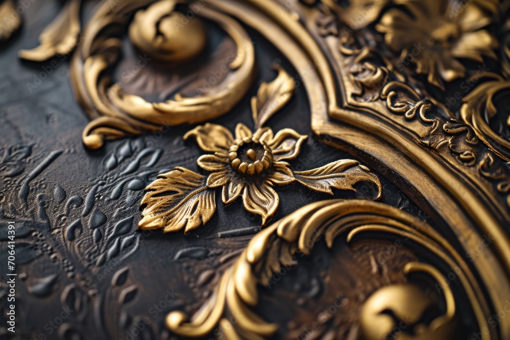 Poster A detailed close-up view of a metal plate adorned with intricate gold decorations. This image can be used to add an elegant touch to various projects