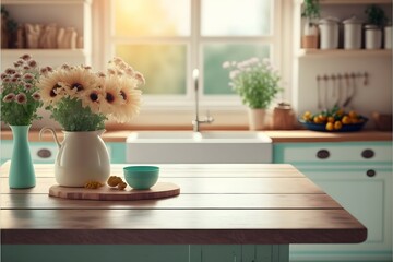 Wooden table top on blur kitchen room background, vintage kitchen room interior, flowers, pastel...