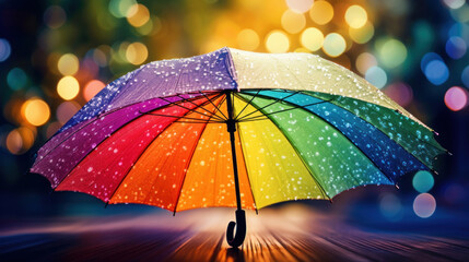 Vibrant rainbow umbrella sprinkled with raindrops, set against a bokeh light backdrop at night.