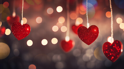 Red hanging hearts on string with bokeh lights in the background. Festive advent valentine celebration concept greeting card.