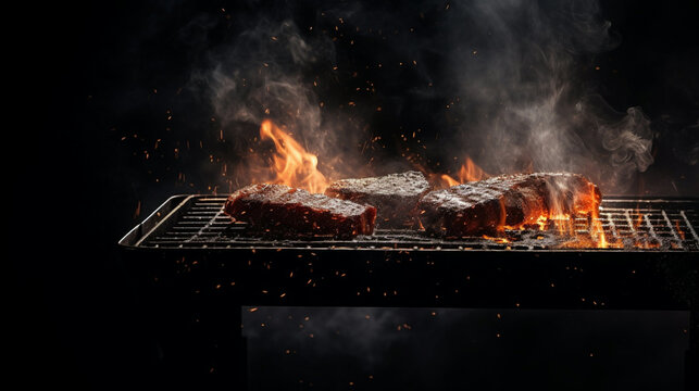 Burning charcoal grill BBQ charcoal smoked meat fire