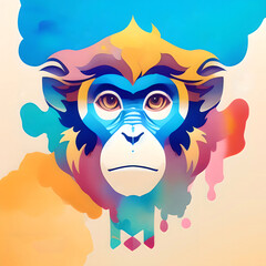 A monkey with a blue face and a colorful background