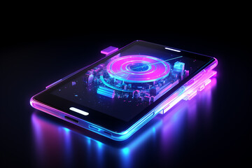 3D rendering smartphone with display emitting neon violet pink blue holographic symbol of floppy disc icon on dark background with blurred reflection