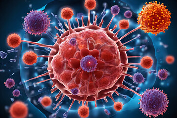 Fototapeta premium Educational immune system illustration. In-depth view of cells protecting against viruses and bacteria. Informative and engaging stock image.