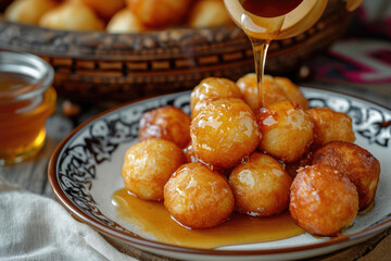 A plate of baursak, traditional Kazakh fried dough balls, served with honey