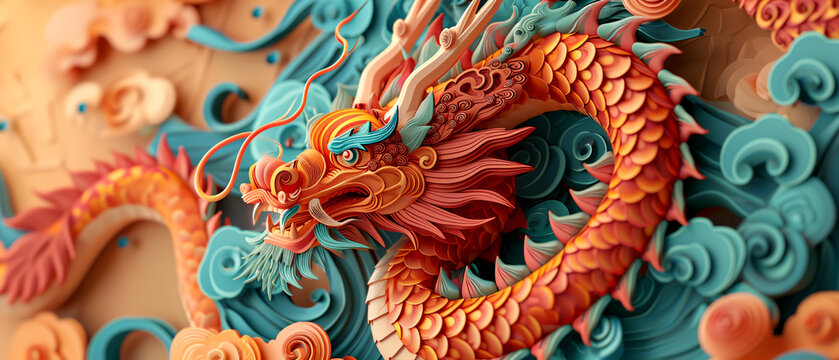 Chinese dragon new year background. Paper cut style
