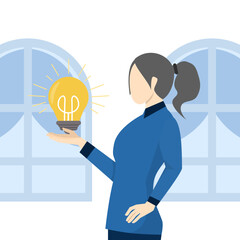 skill or professional concept to solve a problem, businesswoman who got a new idea with a light bulb in her hand. Entrepreneurial thinking idea, solution or strategy planning, career or job.