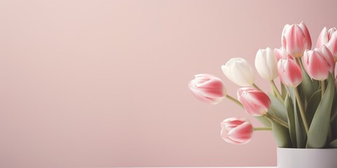 Aesthetic floral mockup, tulips on a pastel pink background, banner or greeting card design template