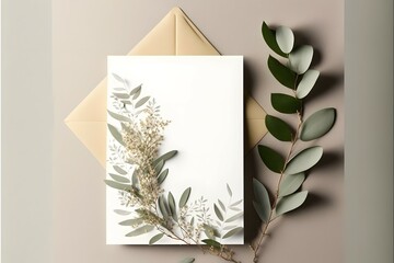 Blank Wedding invitation card mockup with natural eucalyptus twigs.
