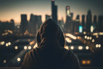 person in a hoodie thinking, sitting, blurred city background, realistic, 8k, medium format film, tri-x, wide angle background - obrazy, fototapety, plakaty