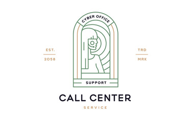 Call Center Reception Label. Minimalist line art logo template. Simple modern design line graphic call center reception badge. Symbol line icon call center reception support sign. Vector Illustration