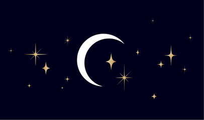 Moon, half moon, crescent with stars. Half moon, crescent with star, night sky background. Half moon symbol, graphic elements, light star shapes graphic, crescent icon collection. Vector Illustration