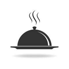 Serving food icon. Hot food serving tray with cover. Sign isolated on white background. Vector illustration