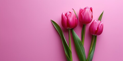 Obraz premium Aesthetic floral mockup, tulips on a pastel pink background, banner or greeting card design