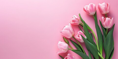 Obraz premium Aesthetic floral mockup, tulips on a pastel pink background, banner or greeting card design