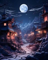 Halloween night scene with full moon and haunted house 3d illustration