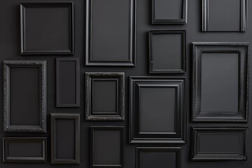 Dark ebony wood picture frames on a black matte wall
