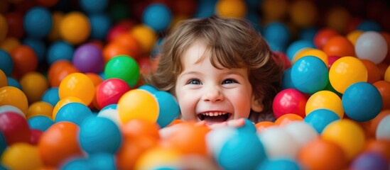 Fototapeta na wymiar Child in ball pit at play room or indoor playground for kids, like day care or preschool.