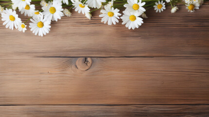 White daisies with a sunny yellow center arranged on a dark wooden table, creating a contrast with natural charm.