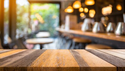 Table Talk: Product Presentation on a Vacant Wooden Surface in a Cafe Ambiance