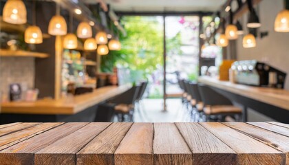 Espresso Expanse: Empty Wooden Table Ready for Product Display in a Coffee Shop