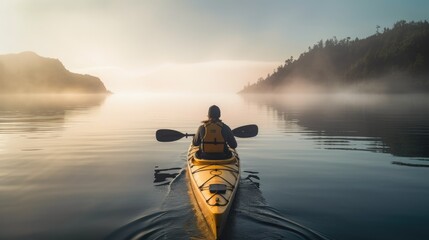 Misty bay with a sea kayaker peacefully paddling through the calm, reflective waters